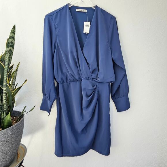 Abercrombie & Fitch Long-Sleeve Draped Mini Dress Wrap Bodice V Neck Blue XL NEW - Picture 4 of 10
